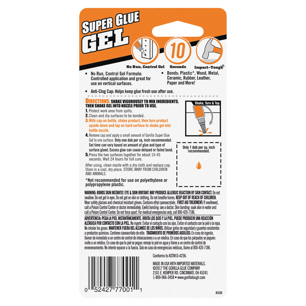 Gorilla Super Glue Gel, Clear, 20 g, All Purpose, Fast Setting
