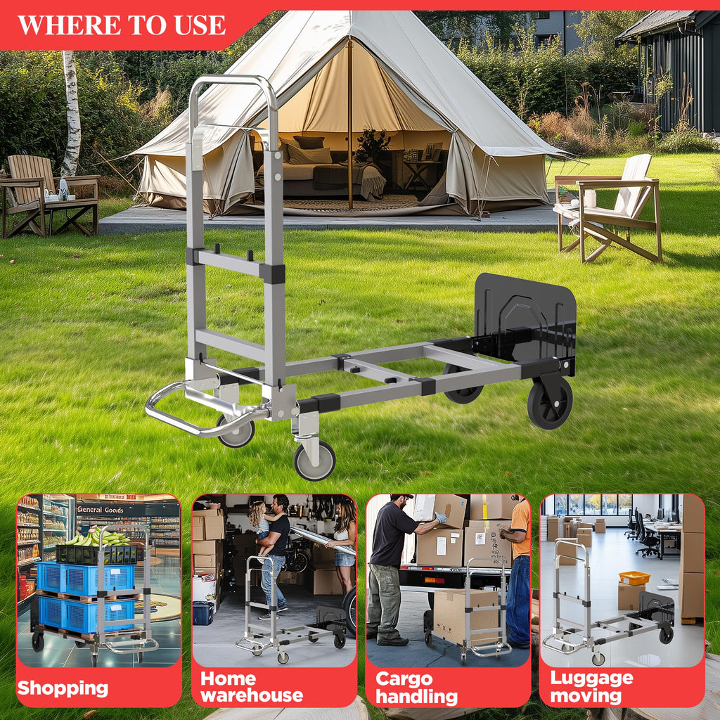 Suzhi Convertible Hand Truck Dolly Cart with Wheels Heavy Duty/with 4 Wheels / 500Lbs Load, 2 Straps for Furniture/Appliance/Carton/Warehouse/Office/no Need to Install, Easy to fold as Video
