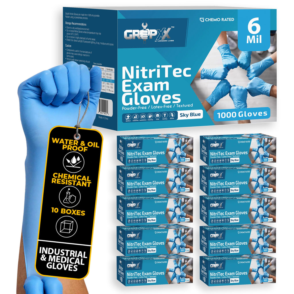 London Labs Heavy Duty 6 Mil Blue Nitrile Gloves Disposable Latex & Powder Free -Extra Stretchy Fentanyl Safe |Medical,First Aid Kit,EMT|Food Safe Rubber Gloves for Cooking & Cleaning|Bulk Pack (1000)