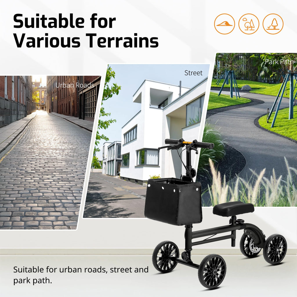 VitaSophy Knee Scooter with Disc Brake, Steerable Knee Walker for Adults,Foldable Rover Scooter forBroken Foot Injured Leg Crutch,Black