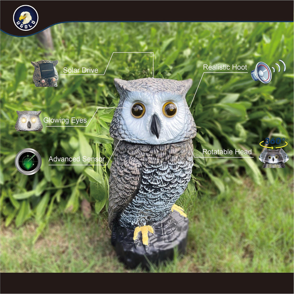 Ugold Solar Powered Garden Owl with Motion Detection, Rotating Head, Realistic Hoots and Silent Mode, Outdoor Statue and Sculpture, Owl Decoration for Home, Garden, Patio and Lawn