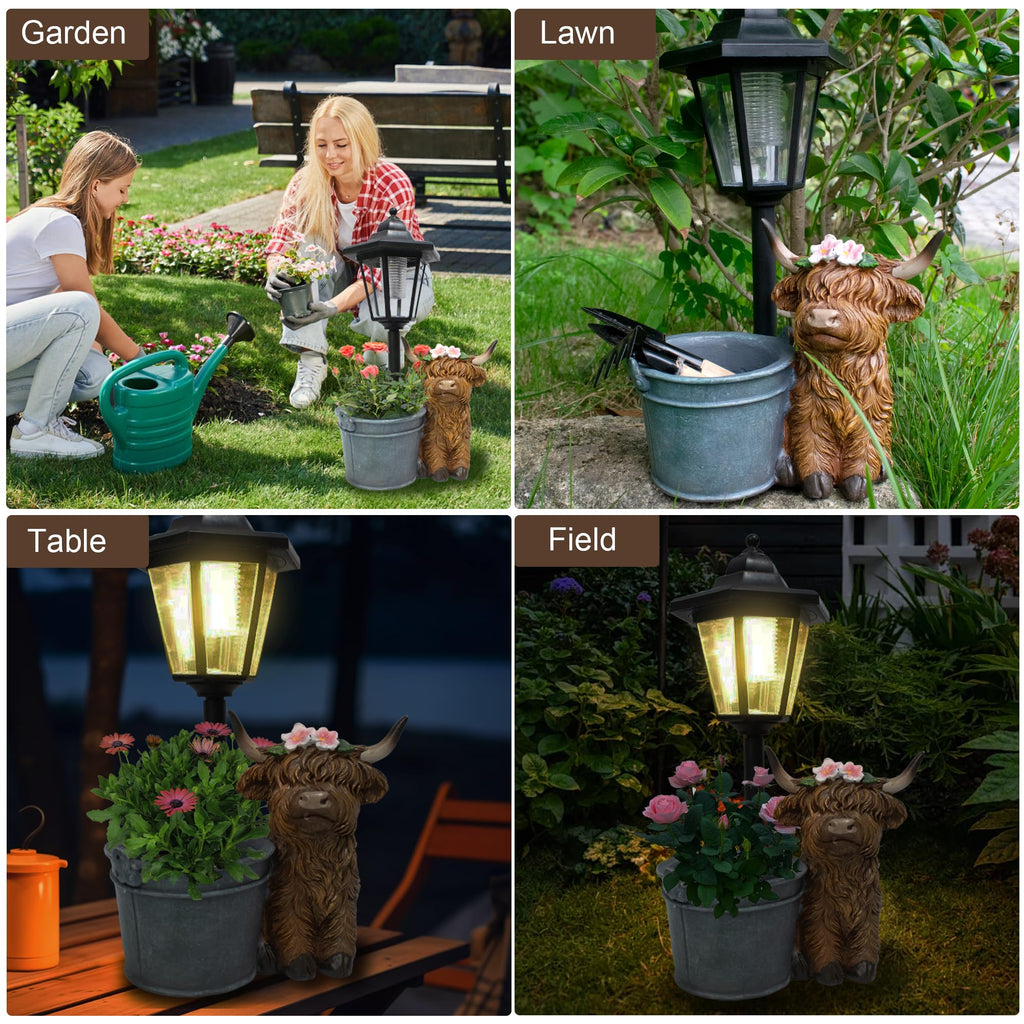 Muzzysse Highland Cow Statues Outdoor Solar Sculptures with Solar Lights and Flowerpot Funny Garden Decor Animal Figurines Resin Outdoor Statues for Patio Yard Lawn Balcony Grandma Mom Gifts