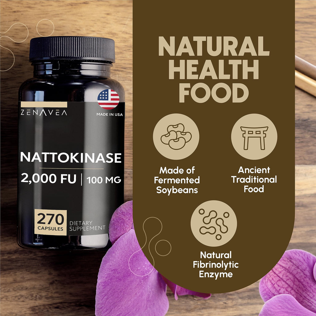 Zenavea - Nattokinase Supplement - 2000 FU of Enzyme - 270 Capsules of Nattokinase 100mg - Gluten Free, Non-GMO, Vegan