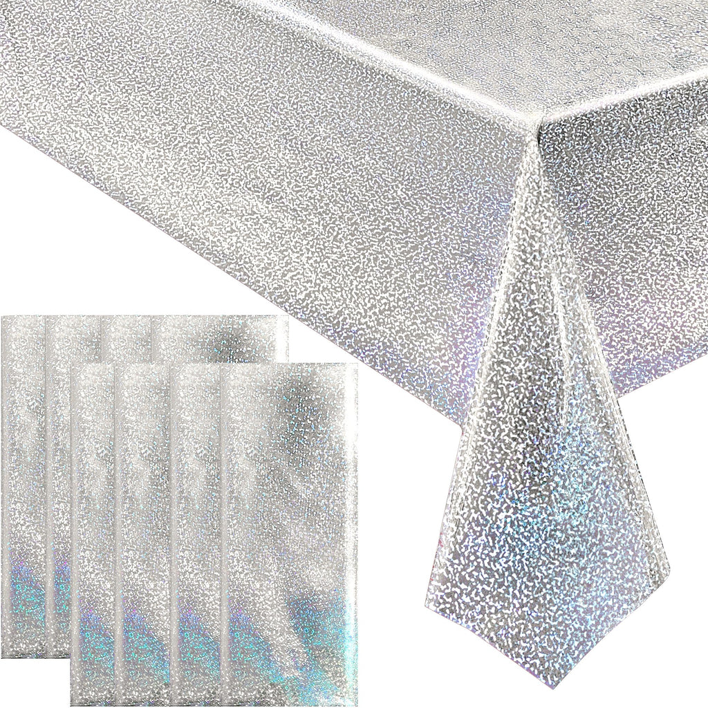 8 pcs Silver Holographic Tablecloths Shiny Disco Laser Table Cloths 40" x 108" Iridescence Plastic White Table Cover for Birthday Party Decoration Wedding Christmas Winter Grad Party Supplies