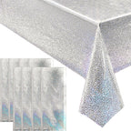 8 pcs Silver Holographic Tablecloths Shiny Disco Laser Table Cloths 40" x 108" Iridescence Plastic White Table Cover for Birthday Party Decoration Wedding Christmas Winter Grad Party Supplies