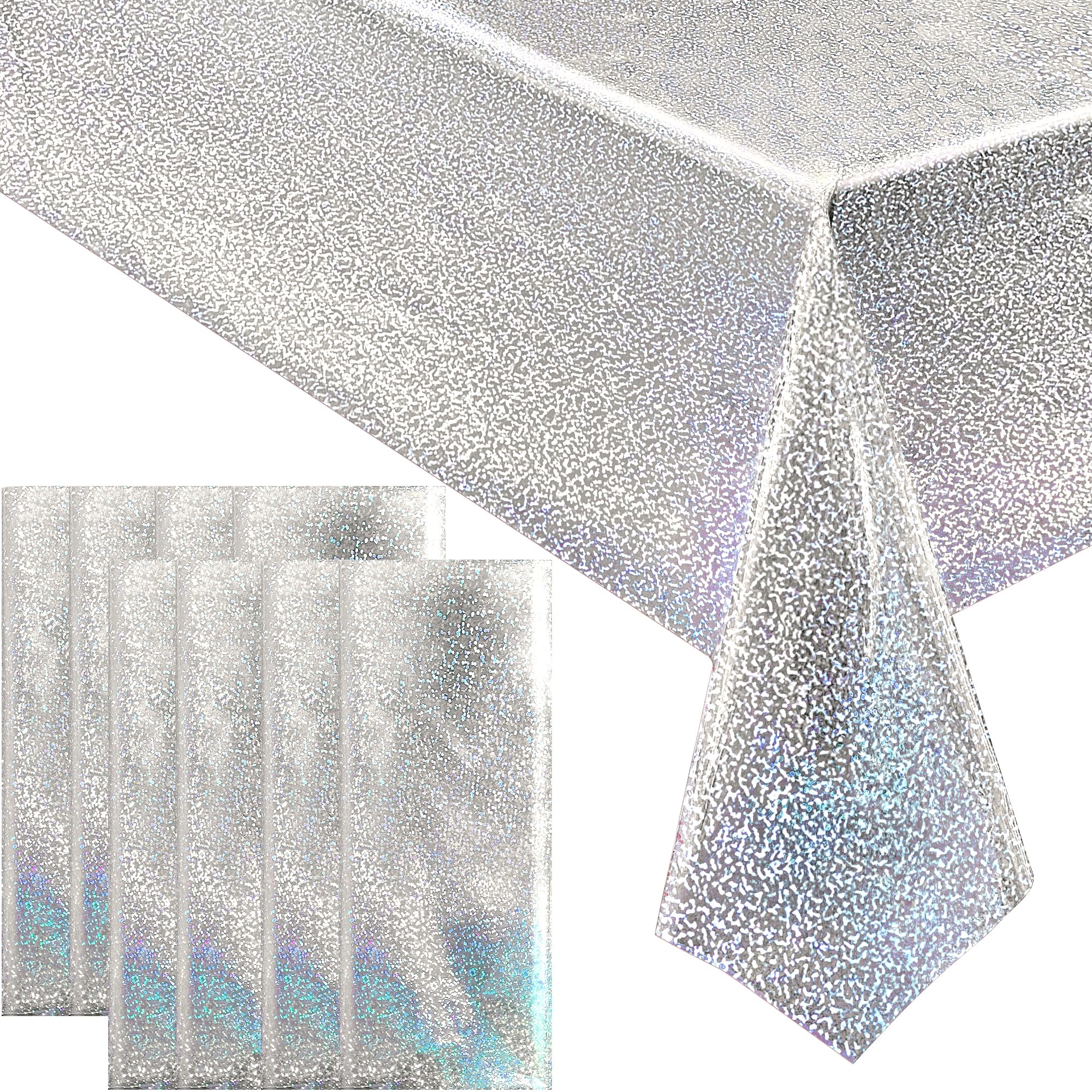 8 pcs Silver Holographic Tablecloths Shiny Disco Laser Table Cloths 40" x 108" Iridescence Plastic White Table Cover for Birthday Party Decoration Wedding Christmas Winter Grad Party Supplies