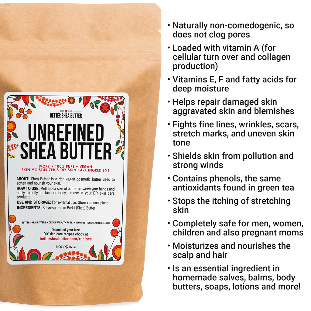 Raw Shea Butter - 100% Pure African Unrefined Shea Butter for Hair | Skin Moisturizer for Face and Body | with Natural Smoky Scent | Use for Soap Base, DIY Whipped Lotion, Lip Balm - 8 oz Block