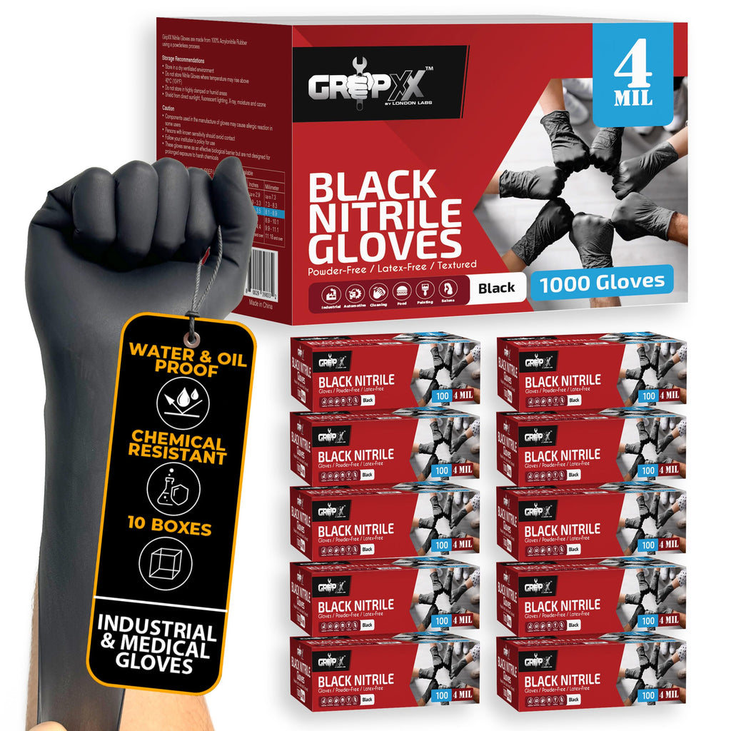 London Labs Black Nitrile Gloves Disposable Latex Free & Powder Free,4 Mil Rubber Glove, Cleaning, Cooking, Mechanic, Tattoo (1000 Count, Medium)