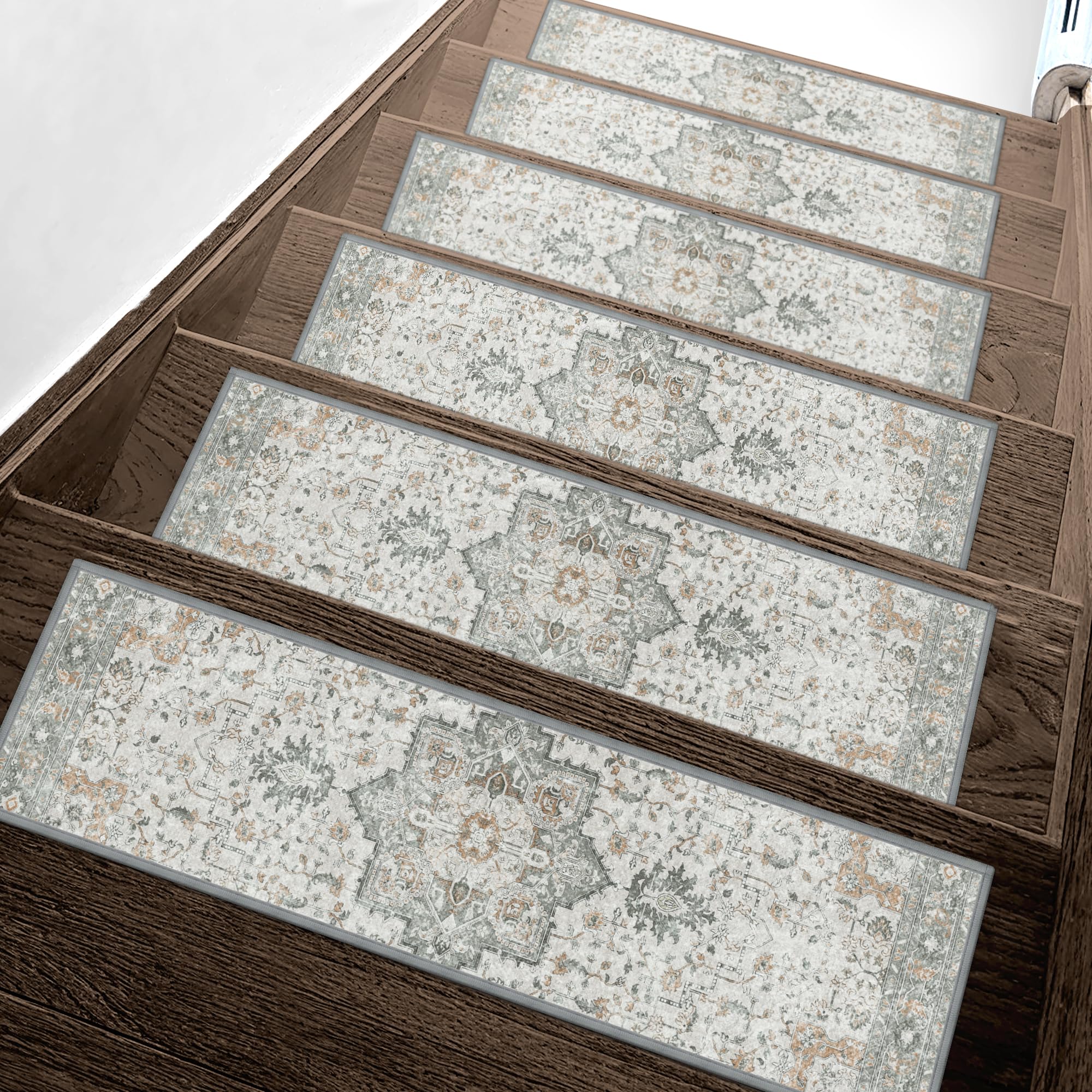 sarben Non Slip Stair Treads for Wooden Steps 15PCS - 8"x30" Indoor Safety Carpet, Edging Mats with TPE Adhesive Backing, Pet and Elderly Friendly Stair Rugs (Taupe)