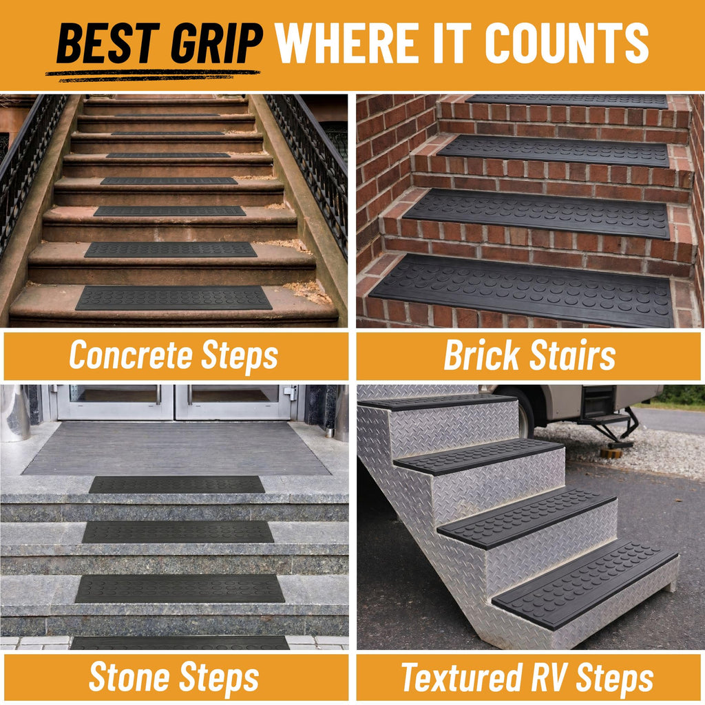 Ottomanson Outdoor Rubber Stair Treads – Coin Heavy-Duty Non-Slip Stair Mats – Best Grip on Concrete, Brick & Textured Step – Fastening Recommended for Wooden & RV Steps, Pack of 5