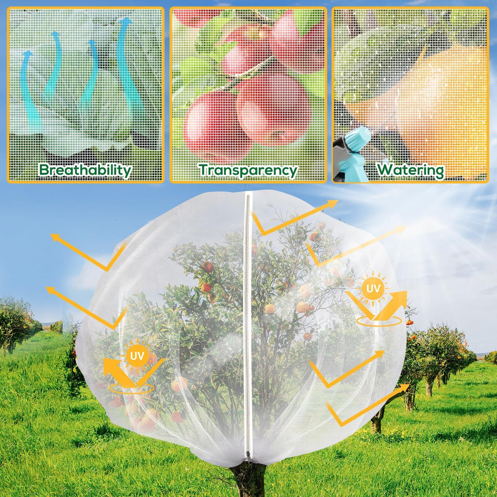 2PCS Large 7.8 x 7.8ft Fruit Tree Netting Cover with Zipper and Drawstring,Garden Insect Netting Plant Cover Transparent Bird Plant Barrier Flower Fruit Mesh Screen for Preventing Deer Squirrel Bugs