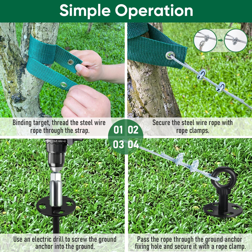 Ciyivak 18'' Ground Anchors Screw in Heavy Duty, Shed Anchor Kit with Straps & Steel Cable & Tools, Earth Anchors for Mobile Home, Carports, Swing Set, Tree, Trampoline - Secure Against High Winds(4)