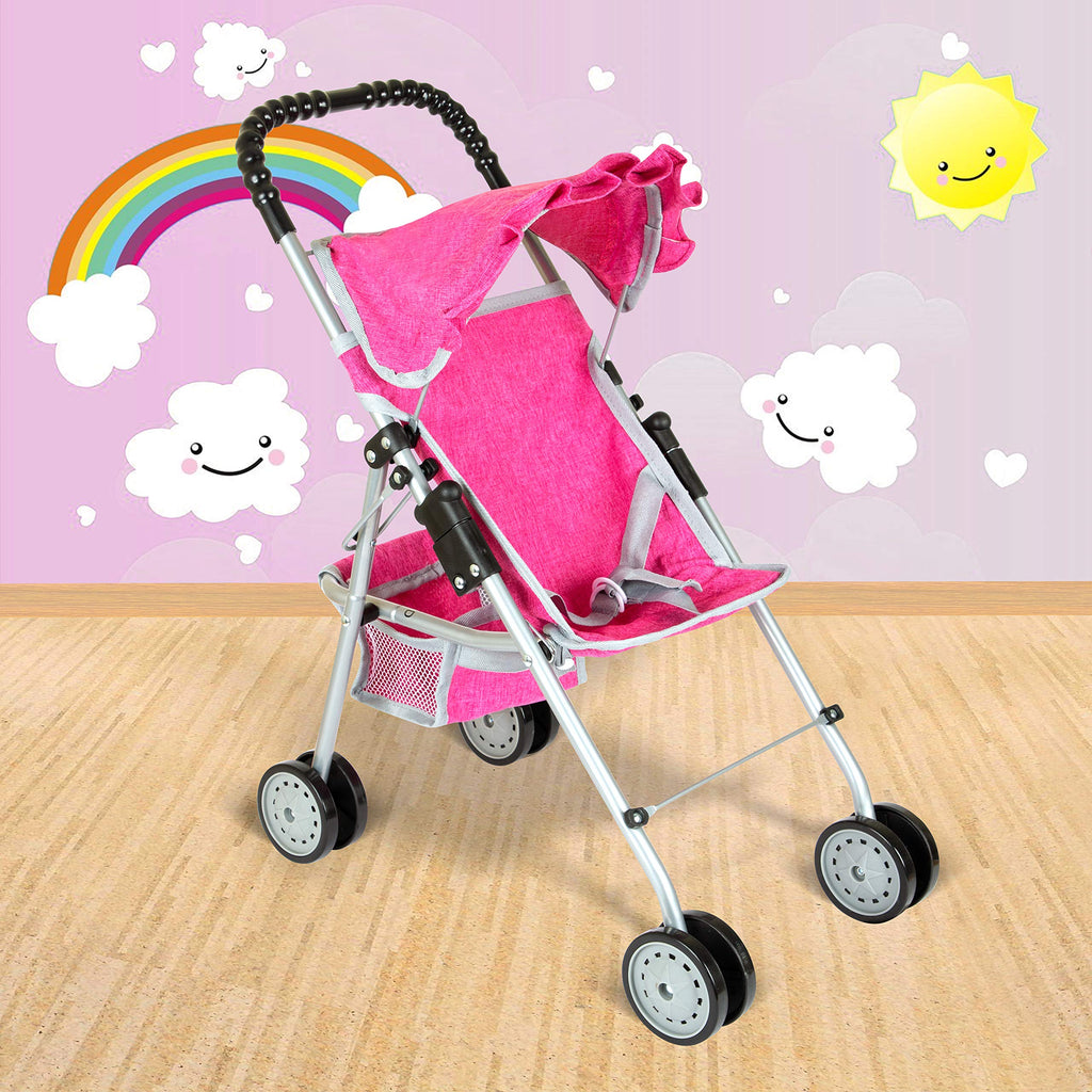 fash n kolor Doll Stroller with Basket, My First Denim Pink Foldable Baby Doll Umbrella Doll Stroller Fits Upto 18" Dolls, Gift Toys for Girls,Baby Doll Accessories Include 2 Free Magic Bottles