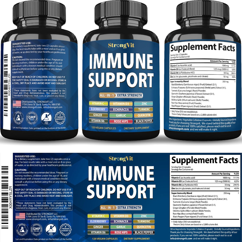 StrongVit Immune Support Supplement 12 in 1 Complex with Vitamin C, D3, Zinc, Echinacea, Elderberry, Ginger, Turmeric. Immune Defend for Men & Women, Non-GMO, Gluten-Free, Vegan, USA (120 Capsules)