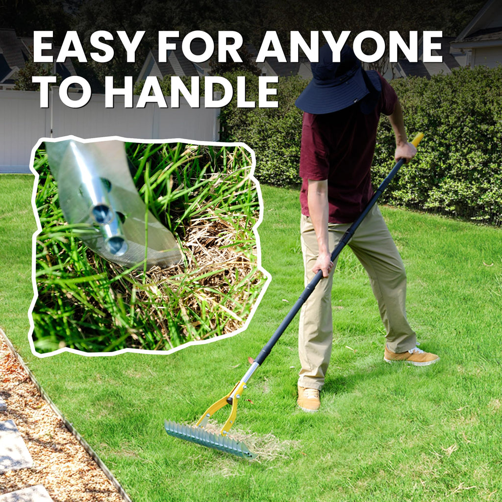 Thatch Rake for Lawn with 74inch Handle, 15 inch Dethatcher Rake for Grass to Cleaning Dead Grass, Efficient Steel Metal Rake for Dethatching, Heavy Duty Thatching Rakes for Garden, Yard