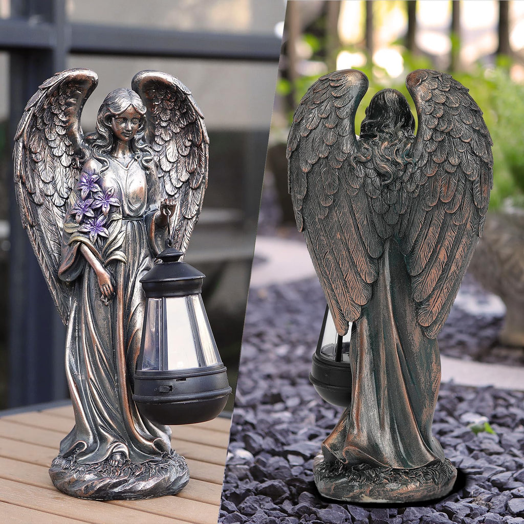 VChymm Solar Angel Outdoor Garden Decor Statues – 13.2 inches Solar Outdoor Sculptures for Outside Yard Art Patio Balcony Front Lawn Ornaments Gifts for Mom Grandma Women（Bronze）