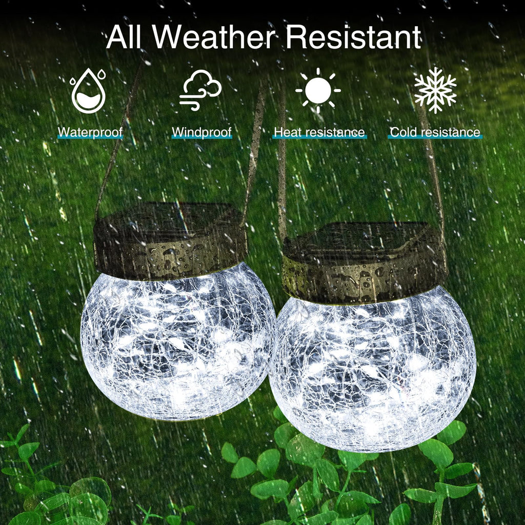 Kolpop Solar Lanterns Outdoor Waterproof 6 Pack, Hanging Solar Lights with 30 LED, Cracked Glass Hanging Globes for Garden Patio Fence Yard Christmas Tree Decoration, Cold White