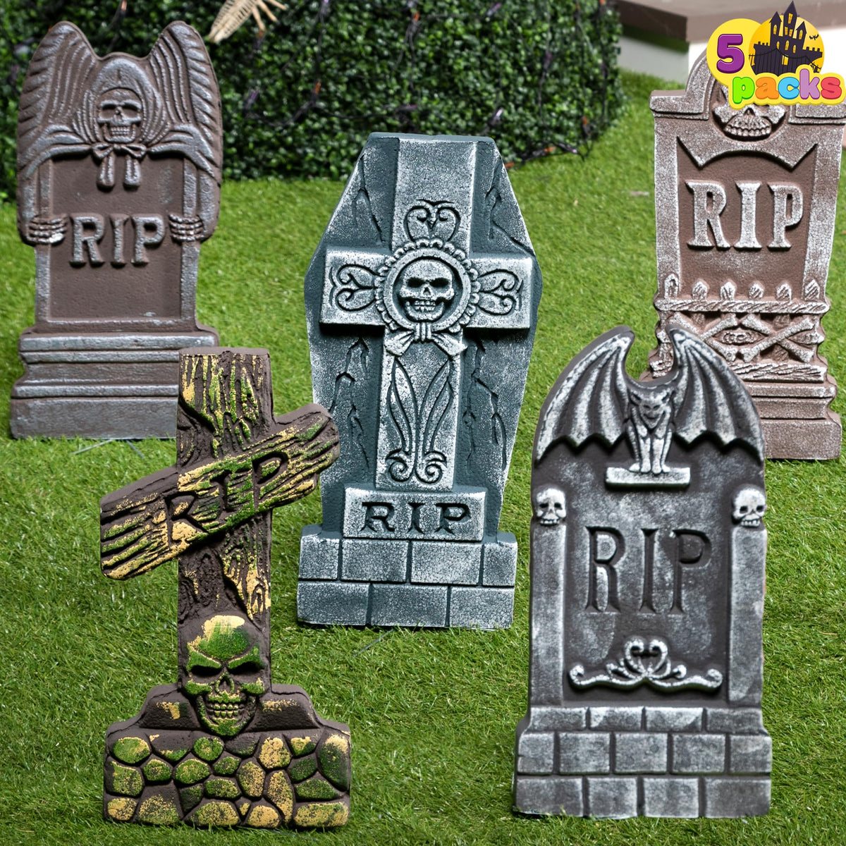JOYIN 17” Halloween Foam RIP Graveyard Tombstones (5 Pack), Halloween Tombstones Outdoor Decorations for Graves Decorations with 12 Metal Stakes for Cemetery Yard Lawn Party Decor