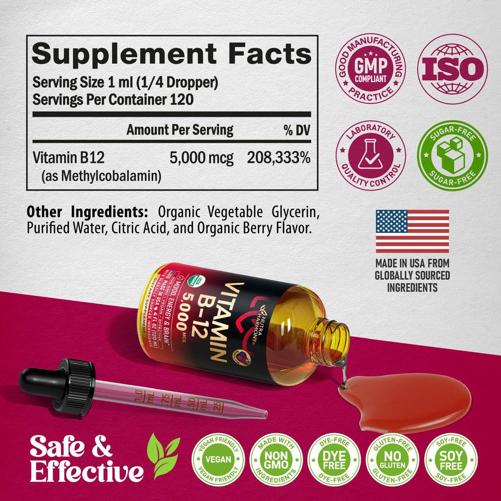 USDA Organic Vitamin B12 Sublingual Drops - 5000 mcg Liquid Vegan Methylcobalamin for Women & Men - Energy Boost, Focus & Mood, Brain Health Support - Maximize Absorption - 4 Month Supply, 4 fl oz