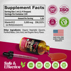 USDA Organic Vitamin B12 Sublingual Drops - 5000 mcg Liquid Vegan Methylcobalamin for Women & Men - Energy Boost, Focus & Mood, Brain Health Support - Maximize Absorption - 4 Month Supply, 4 fl oz