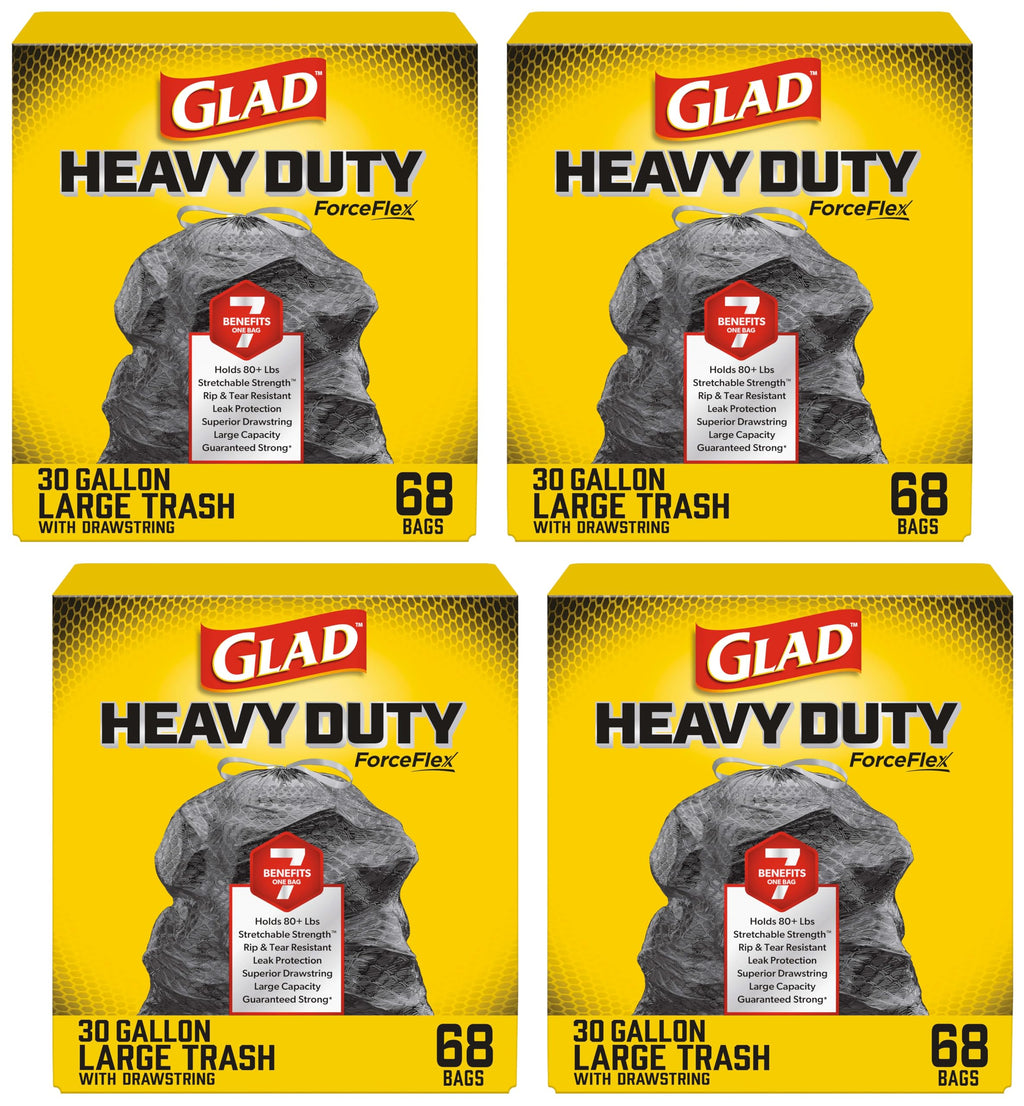 Glad ForceFlex Trash Bags 30 Gallon | Black | LeakGuard Protection | Stretchable Strength | 68 Count, Pack of 4