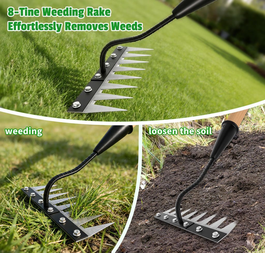 ATLRGISL Iron Weeding Rake with Wooden Long Handle 2.0, 8 Teeth Weed Puller Tool Heavy Duty, Manual Gardenia Weed Rake Tool for Yard, Lawn and Garden, 56Inch