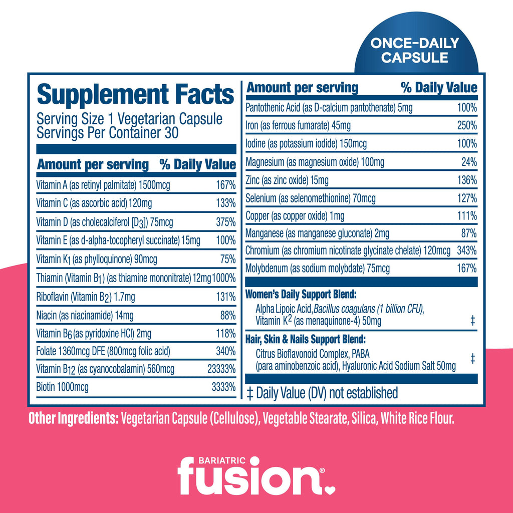 Bariatric Fusion One Per Day Bariatric Multivitamin with Iron for Women | with Hair and Nails Vitamins Blend | Gastric Bypass and Sleeve Gastrectomy | 30 Capsules | 1 Month Supply
