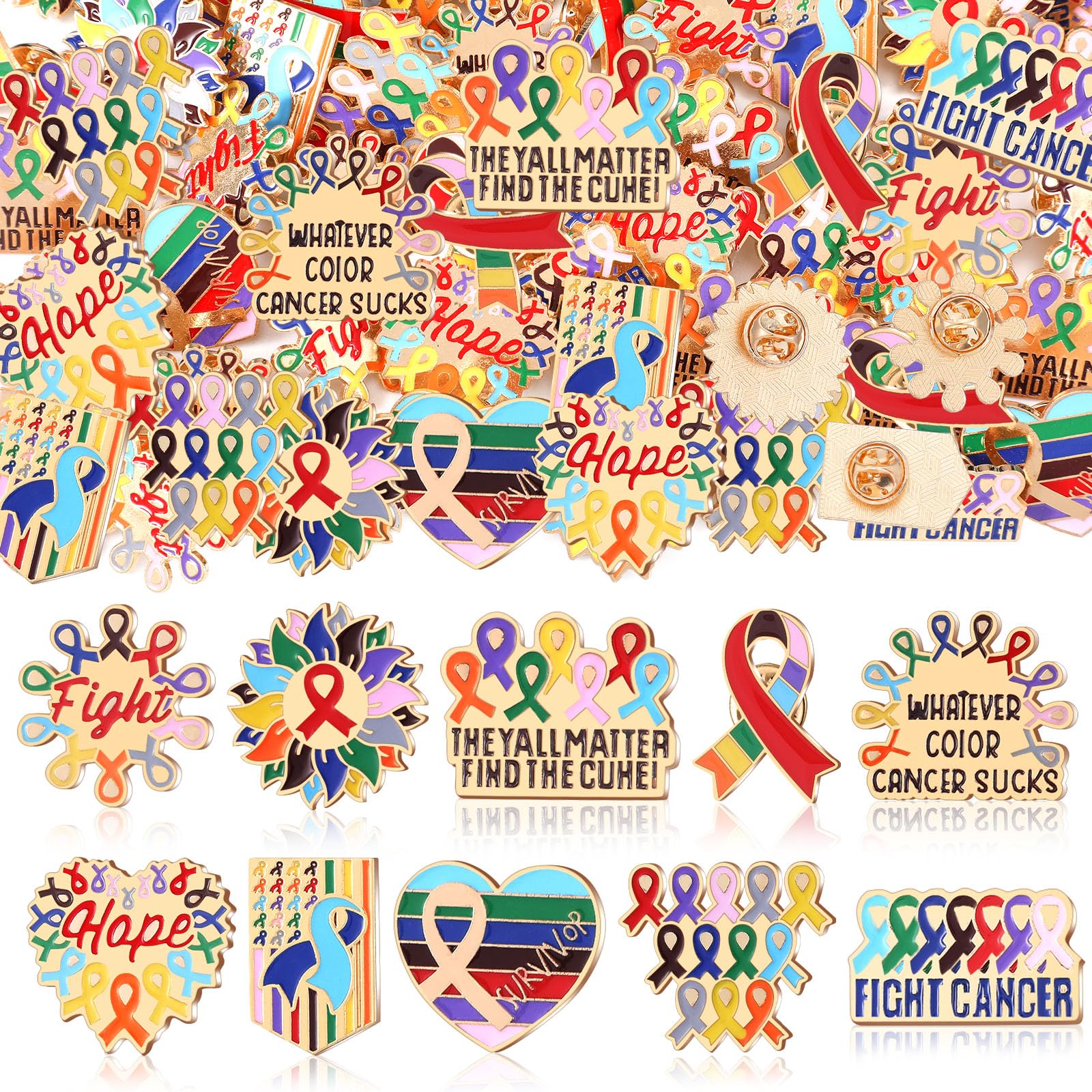 Landical 60 Pcs All Cancer Awareness Pins Bulk,Multicolor,Cancer Awareness