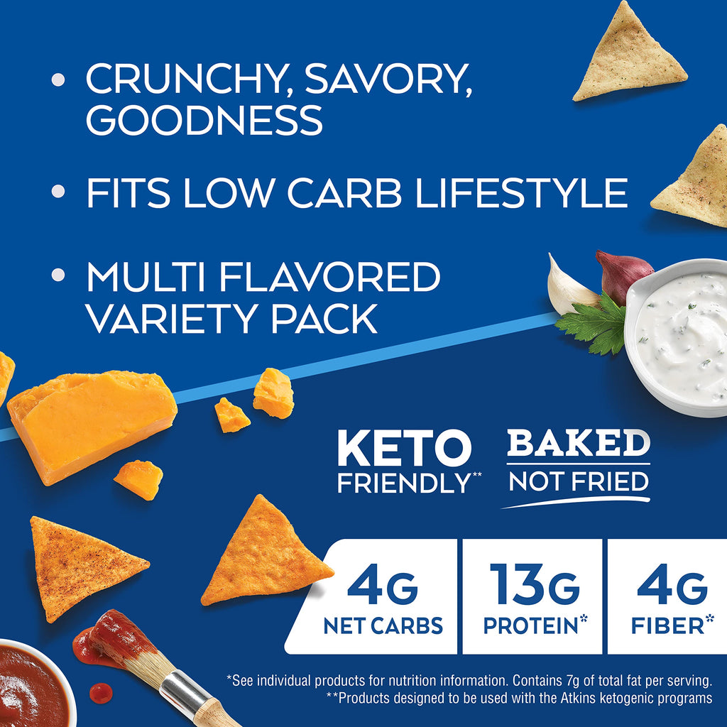 Atkins Protein Chips Variety Pack, 4g Net Carbs, 13g Protein, Gluten Free, Low Glycemic, Keto Friendly, 12 Count