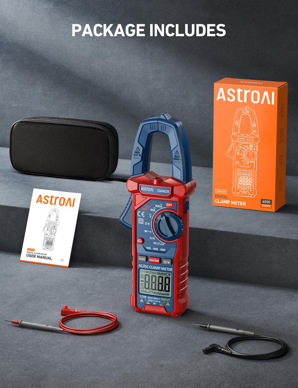 AstroAI Digital Clamp Meter Multimeter 4000 Counts Auto-ranging Amp Tester Measuring AC/DC Voltage & Current, Resistance, Capacitance, Frequency, Continuity, Live Wire Test, NCV Detection, Blue