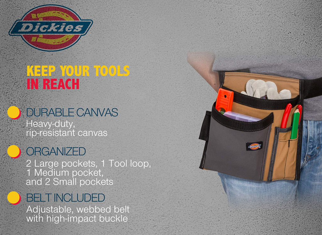 Dickies 5-Pocket Single Side Tool Belt Pouch/Work Apron for Carpenters and Builders, Durable Canvas Construction, Adjustable Belt for Custom Fit, Grey/Tan