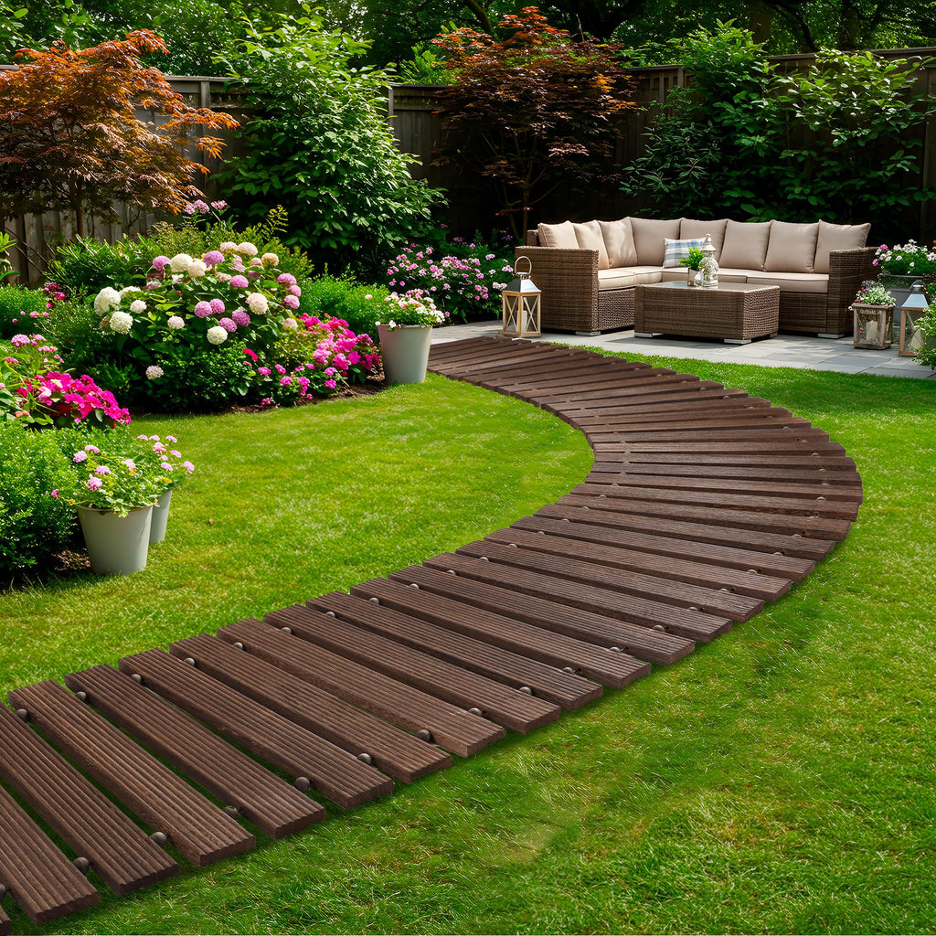 yoopin Wooden Garden Pathway Roll Out Walkway, Flexible Outdoor Wood Boardwalk for Lawn Sand Backyard, Non Slip Surface, Portable Garden Path with Rubber Connectors, 11.5FT, Brown