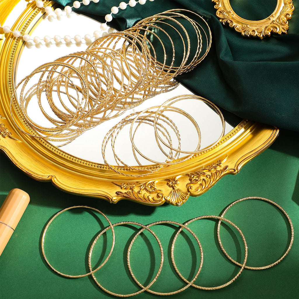 Loetere 50 Pcs Gold Bangle Bracelets Set for Women Diameter 2.6 Inches/ 6.7 cm Boho Stackable Textured Bracelets Indian Chunky Multi Layer Bangles Gold Jewelry for Women Wedding Gift
