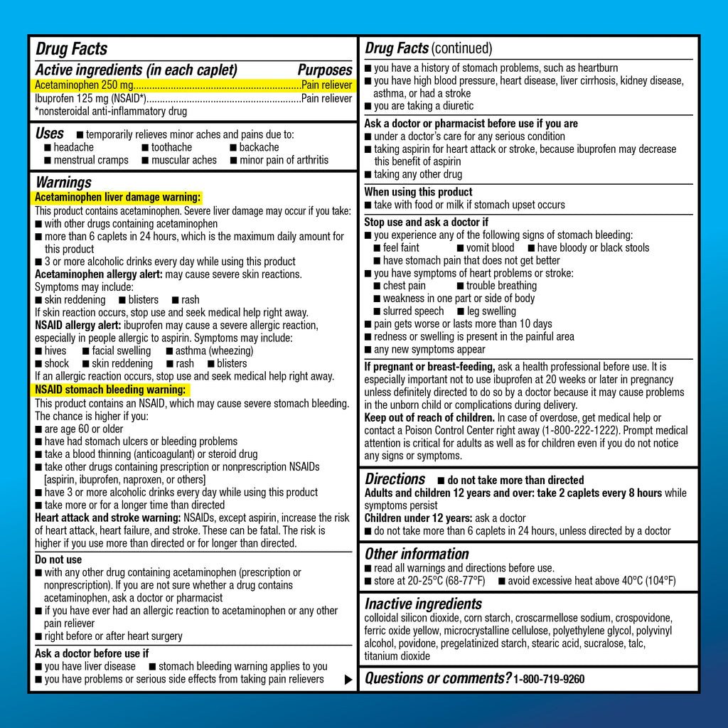 Amazon Basic Care Dual Action Acetaminophen 250 mg and Ibuprofen (NSAID) 125 mg Tablets, Pain Reliever for Headache, Backache, Menstrual Cramp, Arthritis Pain Relief, 216 Count (Pack of 2)