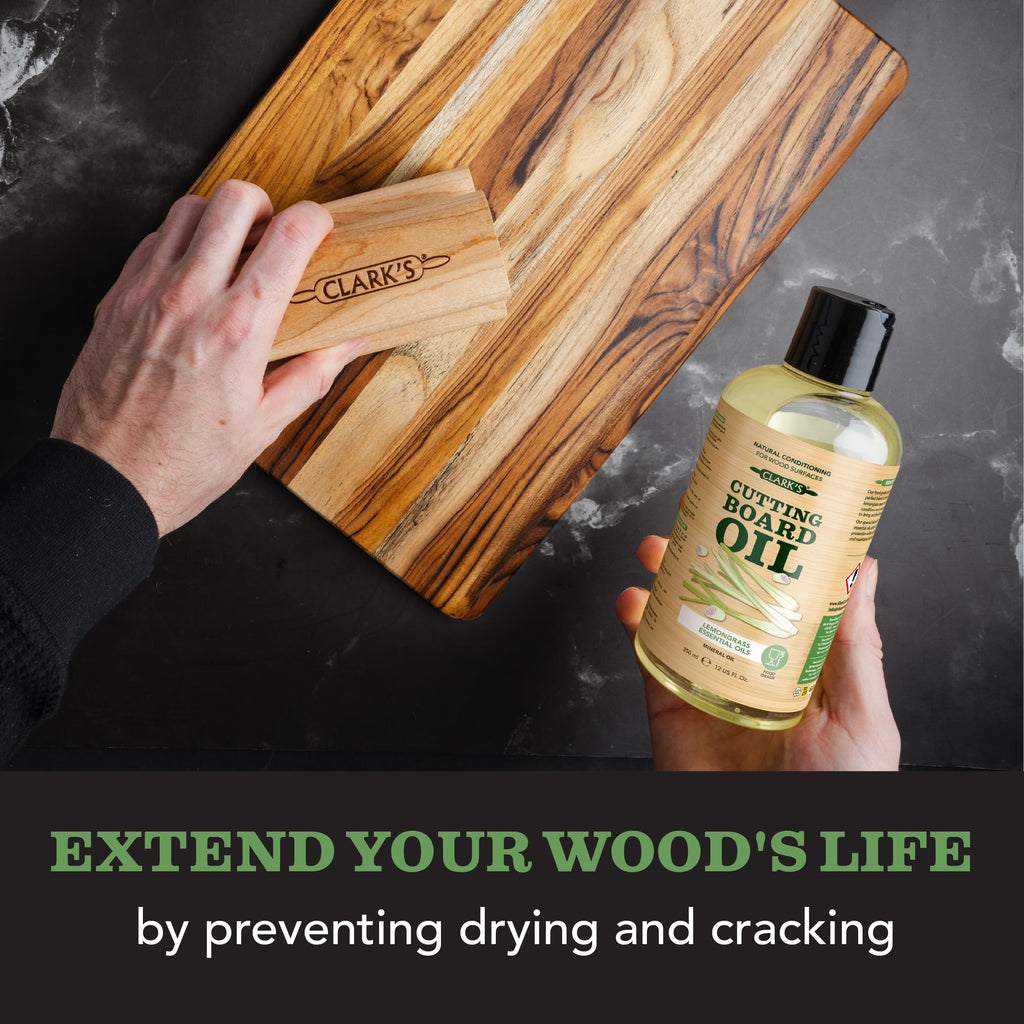 CLARK'S Food Grade Mineral Oil (12oz) and Carnauba Wax (6oz) Set - 100% Natural Butcher Block Oil and Cutting Board Wax - Food Safe Beeswax and Wood Cutting Board Oil with Lemongrass Extract