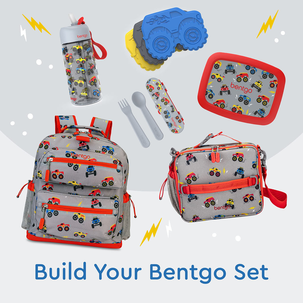 Bentgo Kids Backpack - Lightweight 14” Backpack in Fun Prints for School, Travel, & Daycare, Ideal for Ages 4+, Roomy Interior, Durable & Water-Resistant Fabric, & Loop for Lunch Bag (Trucks)