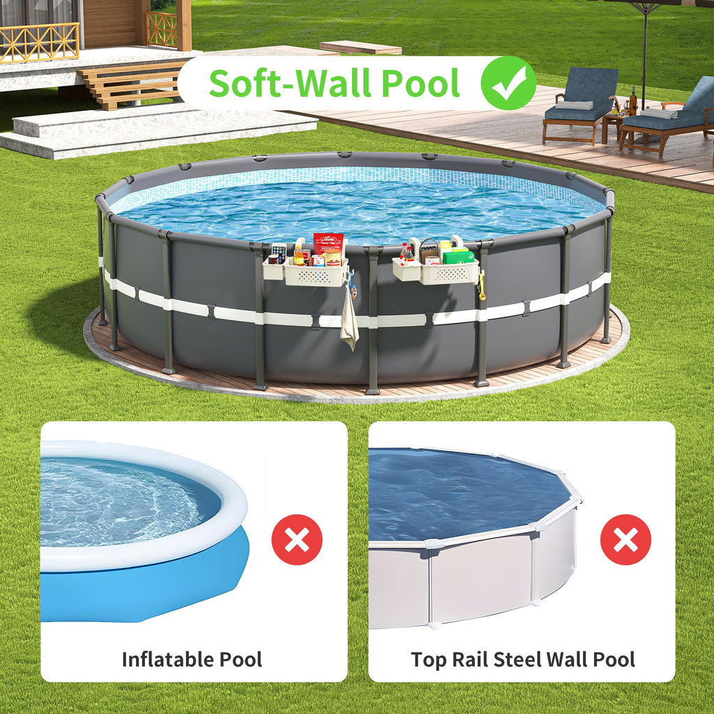 AquaJoyer 2 Sets of Poolside Storage Baskets with Cup Holders - Perfect for 3-Inch or Smaller Top Rails - Above Ground Pool Accessories - Fit for Most Above Ground Pool（Beige）