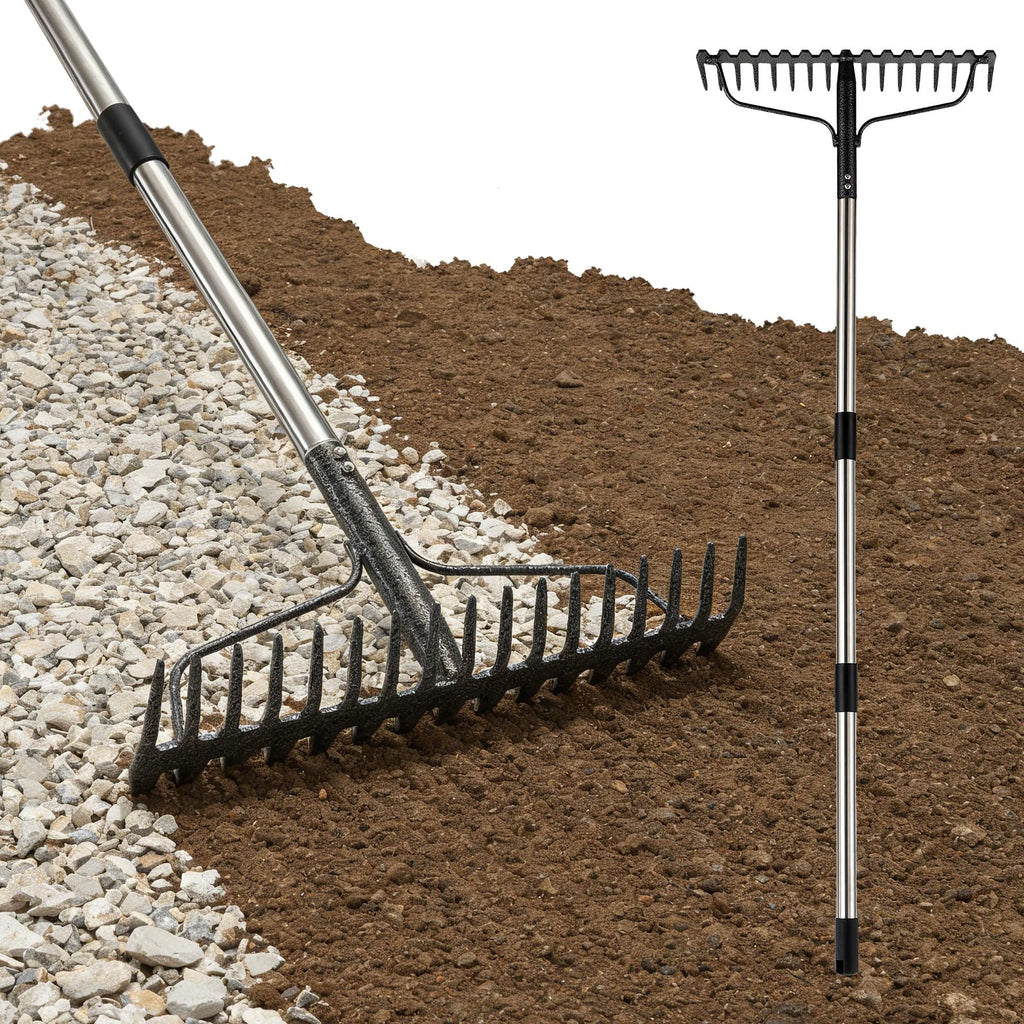 4FT Bow Rake,Heavy Duty Metal Garden Rake for Moving Gravel Loosening Soil Leveling Ground Gathering Leaf Debris Spreading Mulch, 17 Tines,Adjustable Handle, for Lawn Garden Farm Landscape Work
