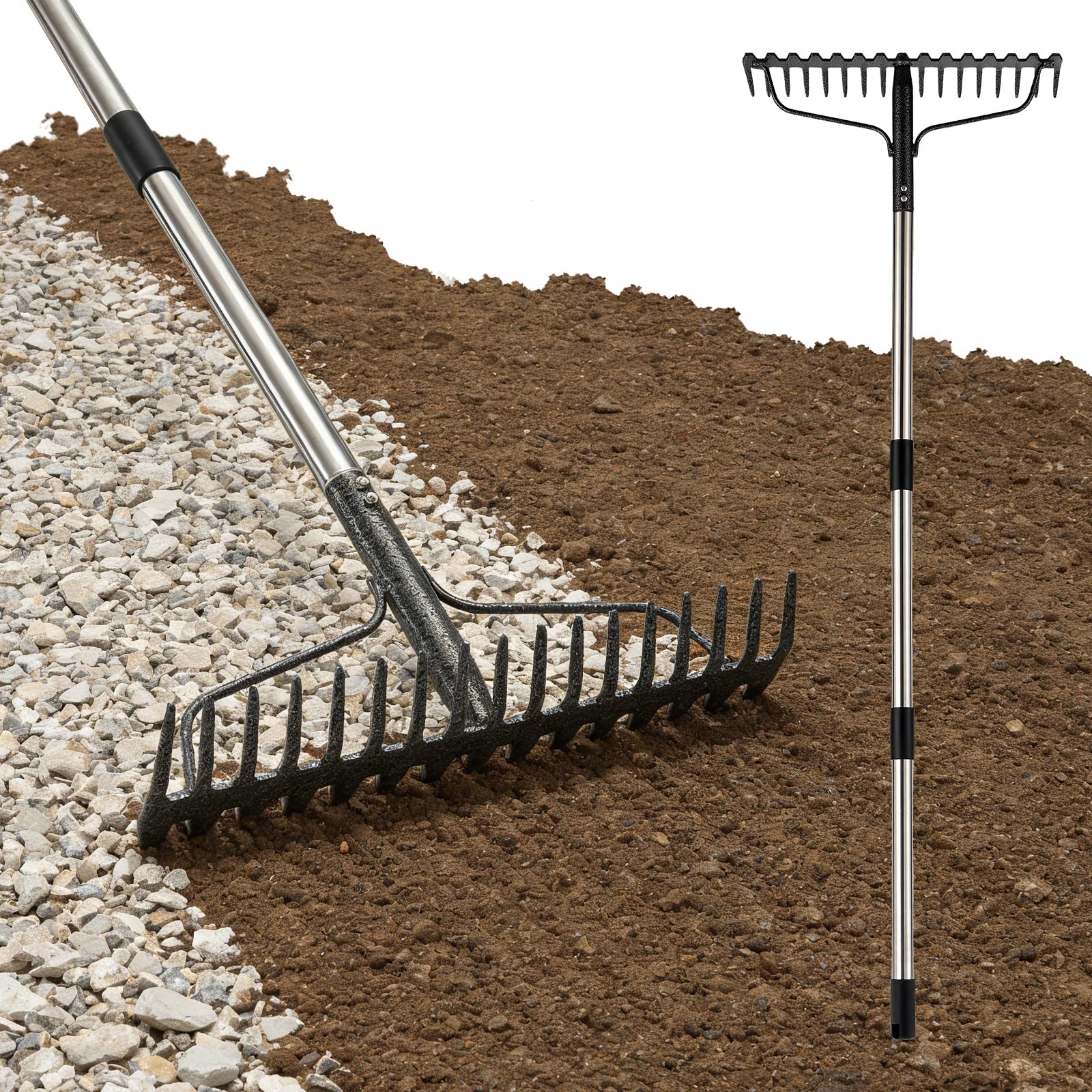 4FT Bow Rake,Heavy Duty Metal Garden Rake for Moving Gravel Loosening Soil Leveling Ground Gathering Leaf Debris Spreading Mulch, 17 Tines,Adjustable Handle, for Lawn Garden Farm Landscape Work
