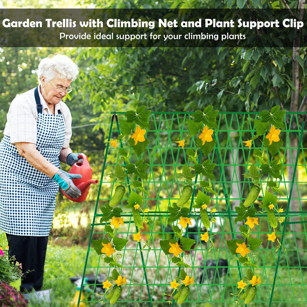 48 x 48 Inch Foldable Cucumber Trellis for Raised Bed- A-Frame Garden Trellis for Climbing Plant Outdoor with Climbing Net and Plant Support Clip for Outdoor Plants Zucchini Vegetables Tomato Flowers
