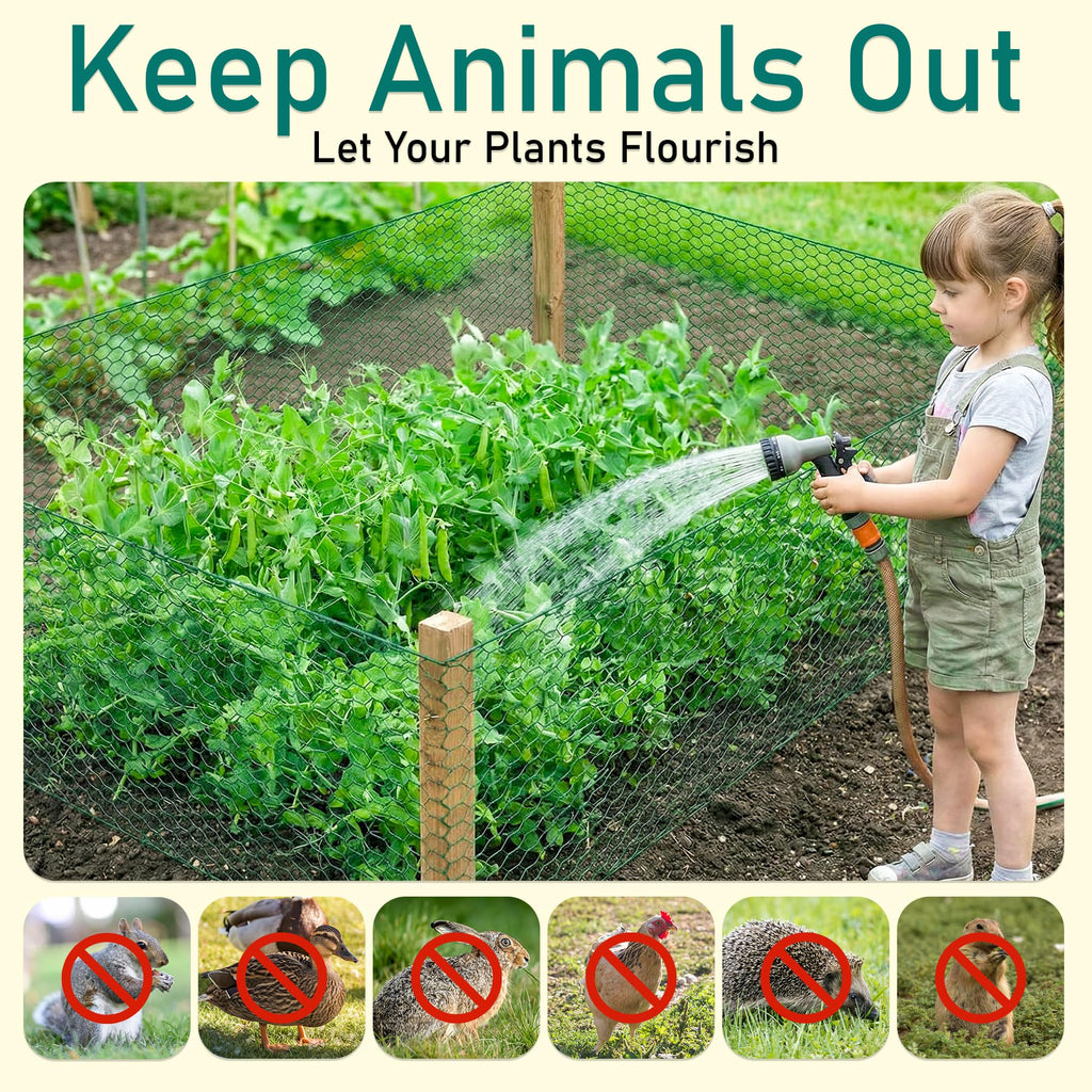 EcoBrisa 13.8x118" Plant Protectors from Animals, 2Roll Metal Mesh Plant Cages for Outdoor Plants Chicken Wire Cloche Wire Mesh for Garden Fence Kit with Ground Stakes & Nylon Tie,Gloves,Plier (Green)