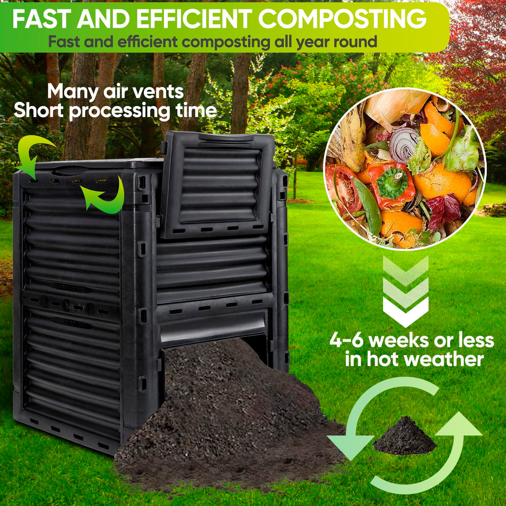 F2C Compost Bin 80 Gallon,Includes Gloves, Large Compost Bin w/Top Flip Latch-on Lid, Bottom Exit Door Aerating Outdoor Garden Compost Box,BPA Free Material for Backyard Outdoor, Black