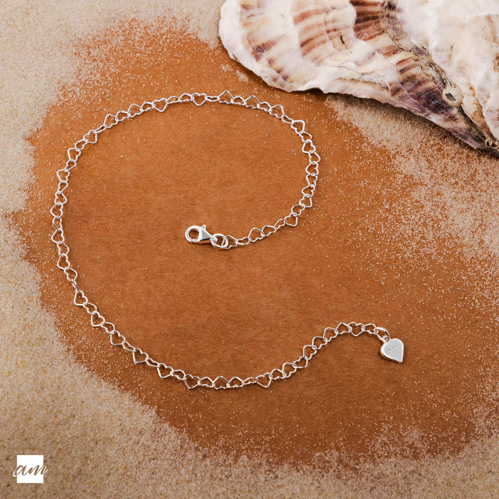 Amberta 925 Fine Sterling Silver Naturally Adjustable Anklet - 3 mm Heart Chain Ankle Bracelet - up to 10" inch - Flexible Fit
