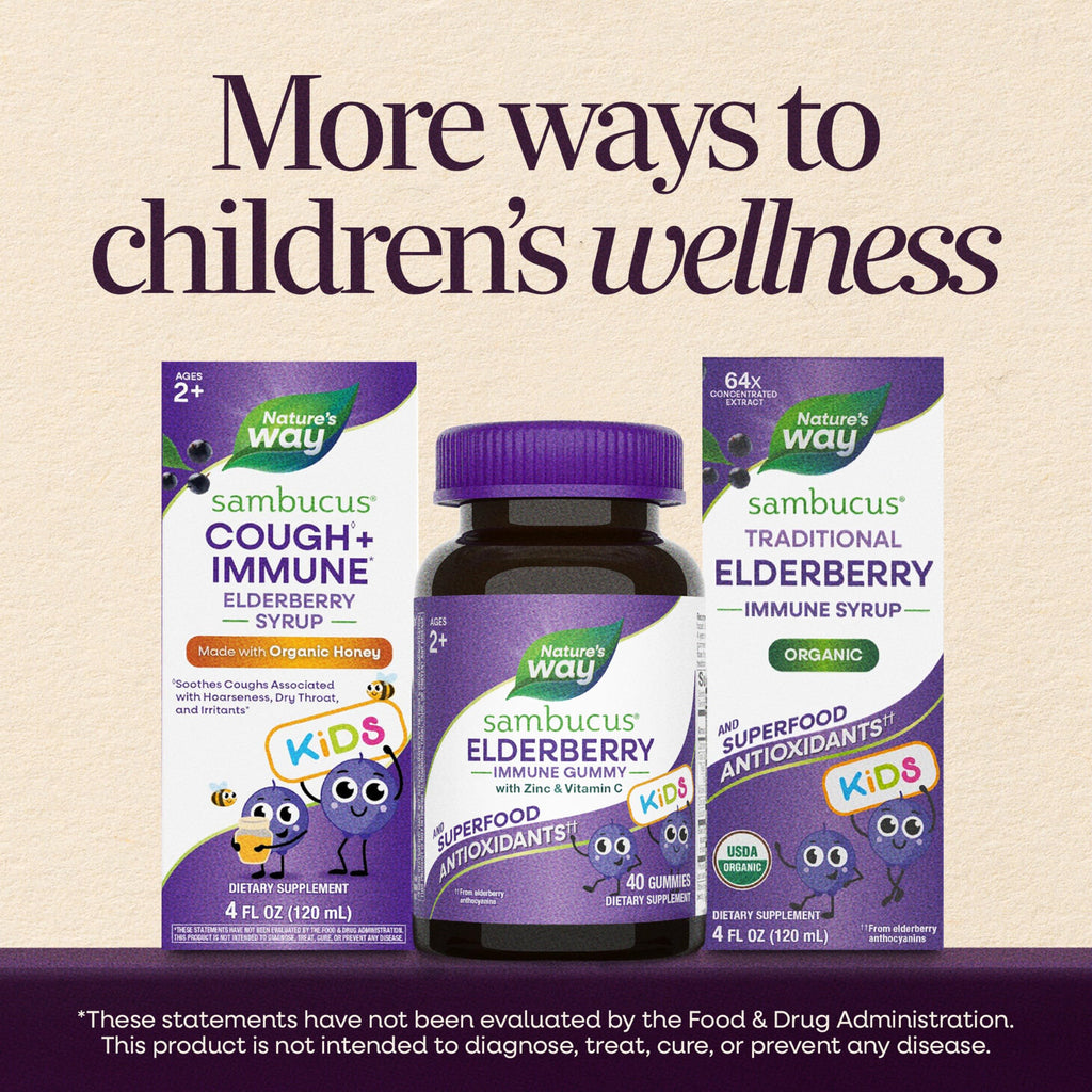 Nature's Way Sambucus Kids Elderberry Immune Gummies with Black Elderberry Extract, Daily Immune Support Gummy with Vitamin C and Zinc for Children Ages 2+*, 60 Gummies
