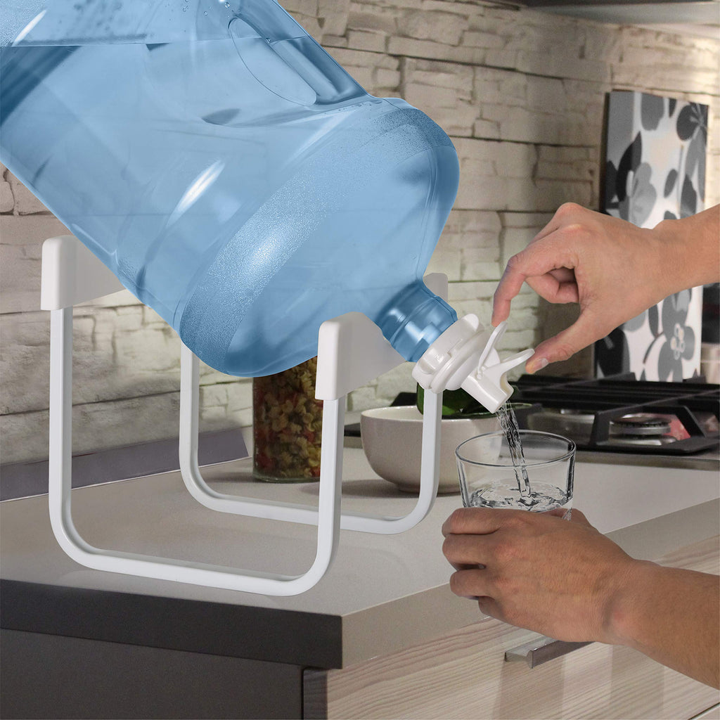 Brio Stainless Steel 3-5 Gallon Water Jug Stand and 2 Dispenser Valves, Non Slip Stand with BPA Free Fast Flow Water Spout Fits Both 48mm and 55mm Bottles 2 CAPS Included (White), 12 inches