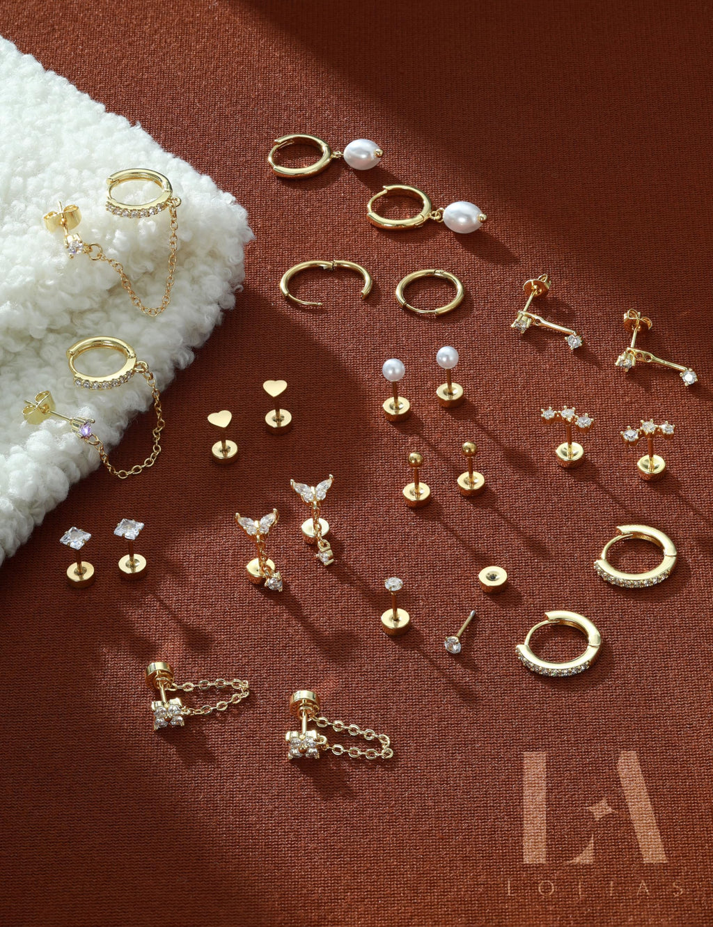 LOLIAS Hypoallergenic Flat Back Earrings Set for Women-Surgical Stainless Steel Earrings for Sensitive Ears-14K Gold Plated Chain Cartilage Earring Stacks Flatback Stud Hoop Earring Sets for Multiple Piercing Jewelry Gold
