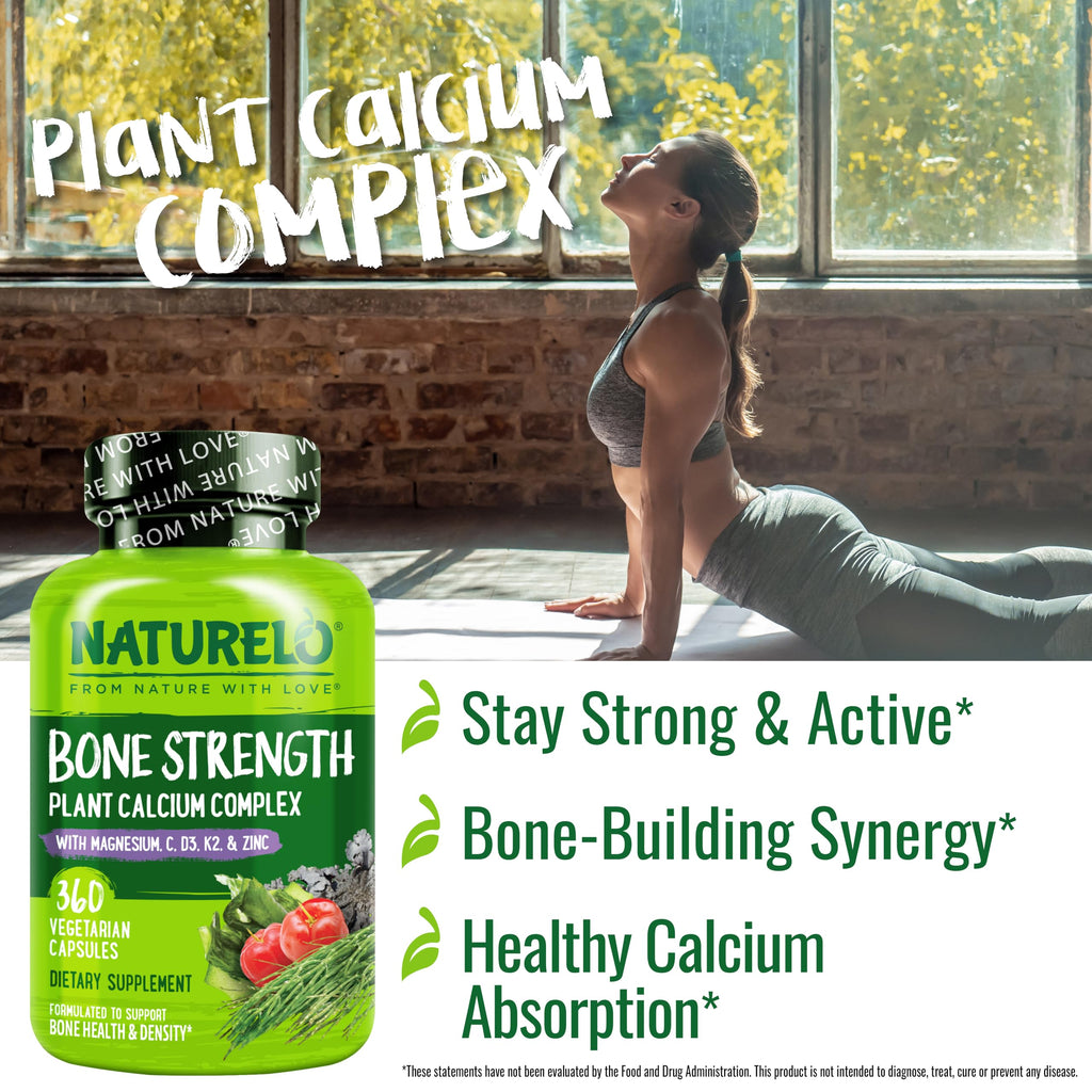 NATURELO Calcium Supplement with Vitamin C, D3, K2, and Magnesium Zinc for Bone Strength, 360 Vegetarian Capsules, with Calcium 600mg, Non-GMO, Plant-Based, Soy & Gluten-Free