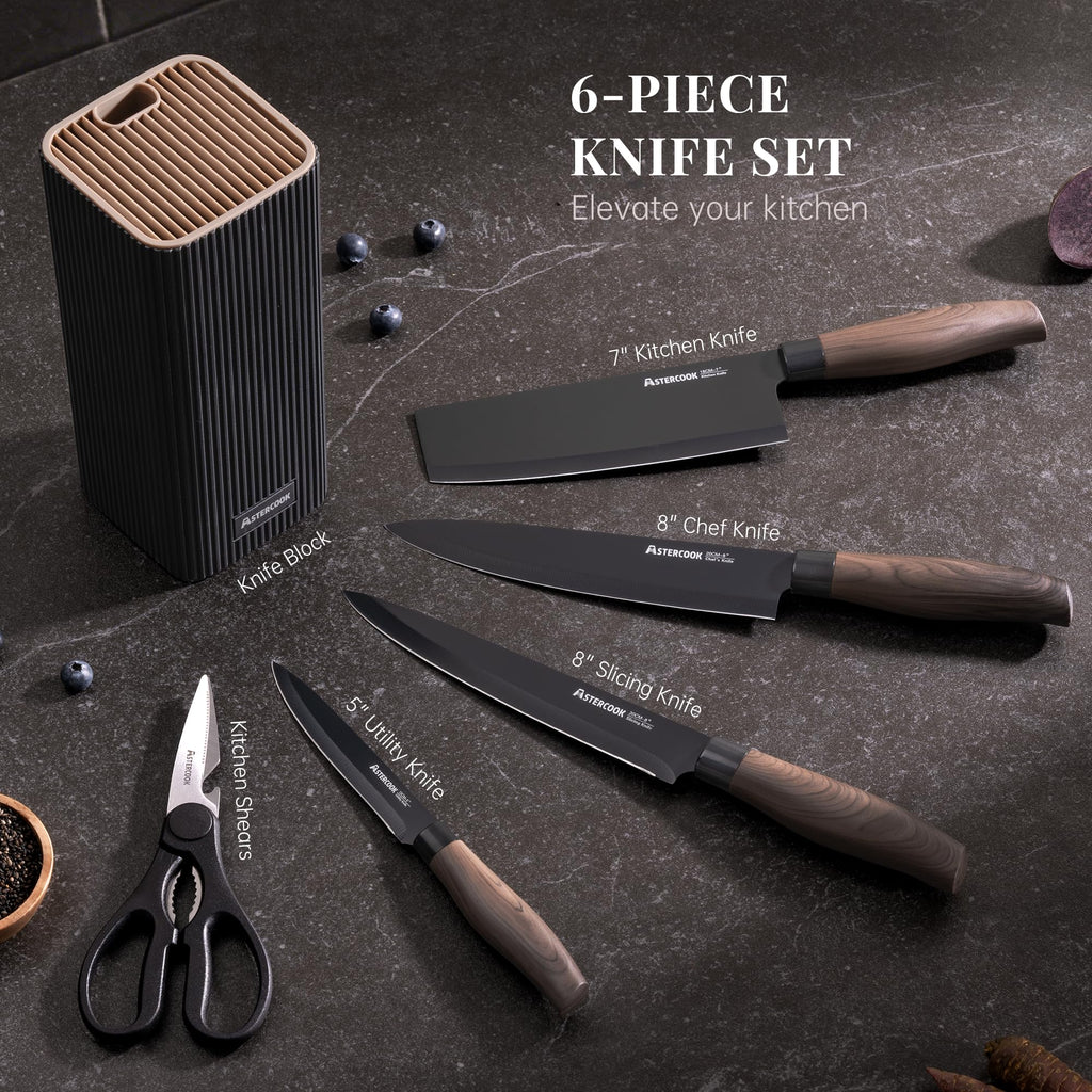 Astercook Knife Set, 6-Piece Kitchen Knife Set with Block, High Carbon Stainless Steel Ultra Sharp Kitchen Knives, Wood Grain Handle, Dishwasher Safe Knife Block Set, Black, Kitchen Utility Knives