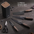 Astercook Knife Set, 6-Piece Kitchen Knife Set with Block, High Carbon Stainless Steel Ultra Sharp Kitchen Knives, Wood Grain Handle, Dishwasher Safe Knife Block Set, Black, Kitchen Utility Knives