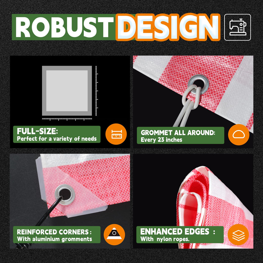 RAINDEWAY Tarps 6x10 Feet,12 Mil Sunshade Striped Tarp Waterproof,Multipurpose Poly Tarp Cover with Grommets and Reinforced Edges,Red/White Tarps